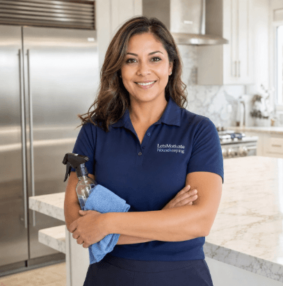 Professional cleaner wiping a kitchen countertop