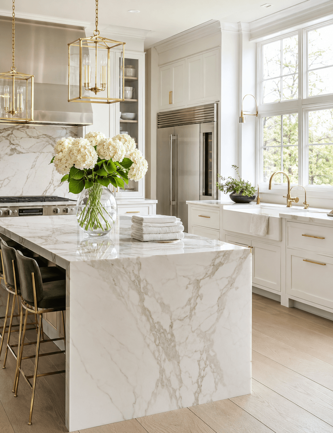 Clean marble kitchen with neatly folded towels