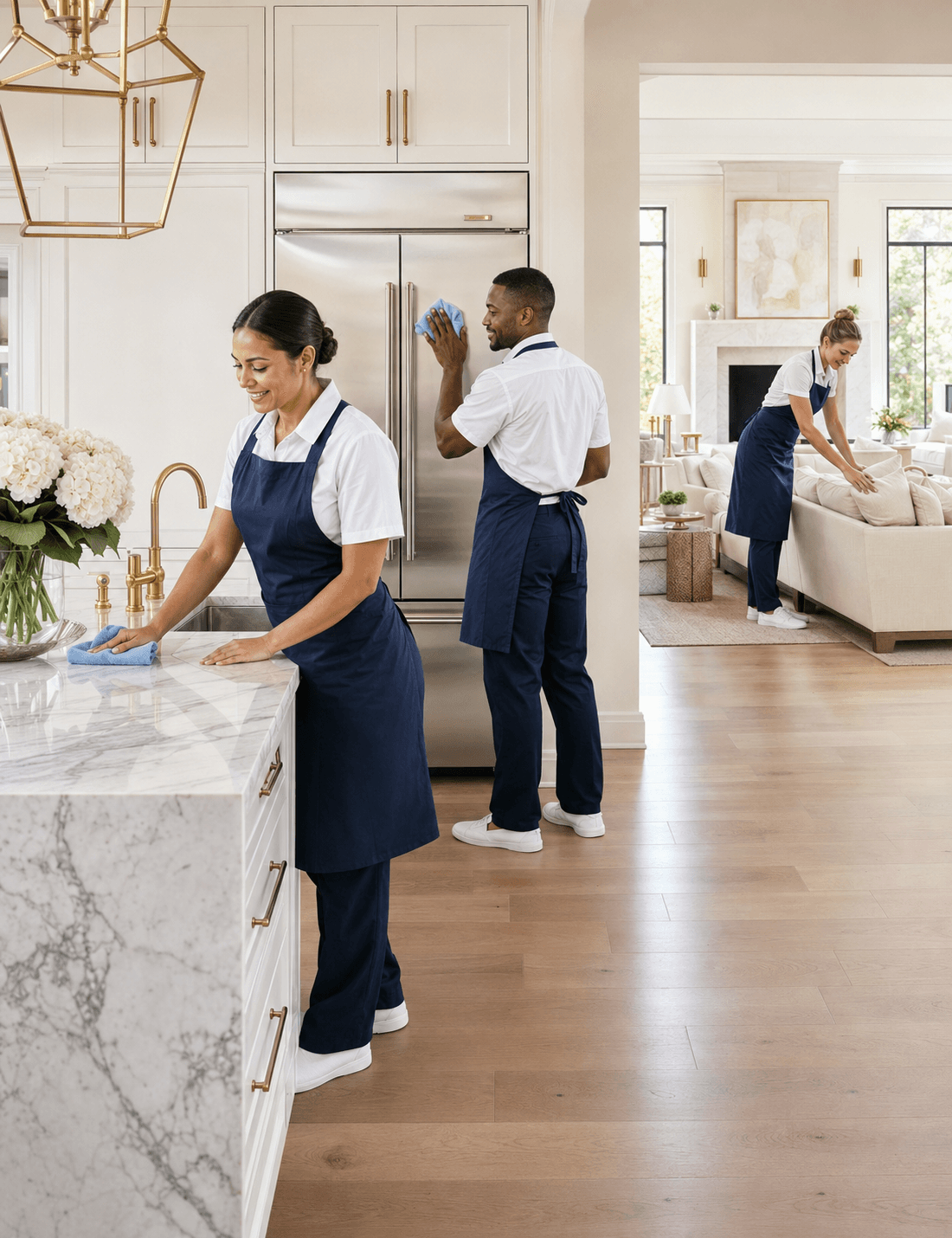 Professional housekeeping team cleaning a bright luxury home